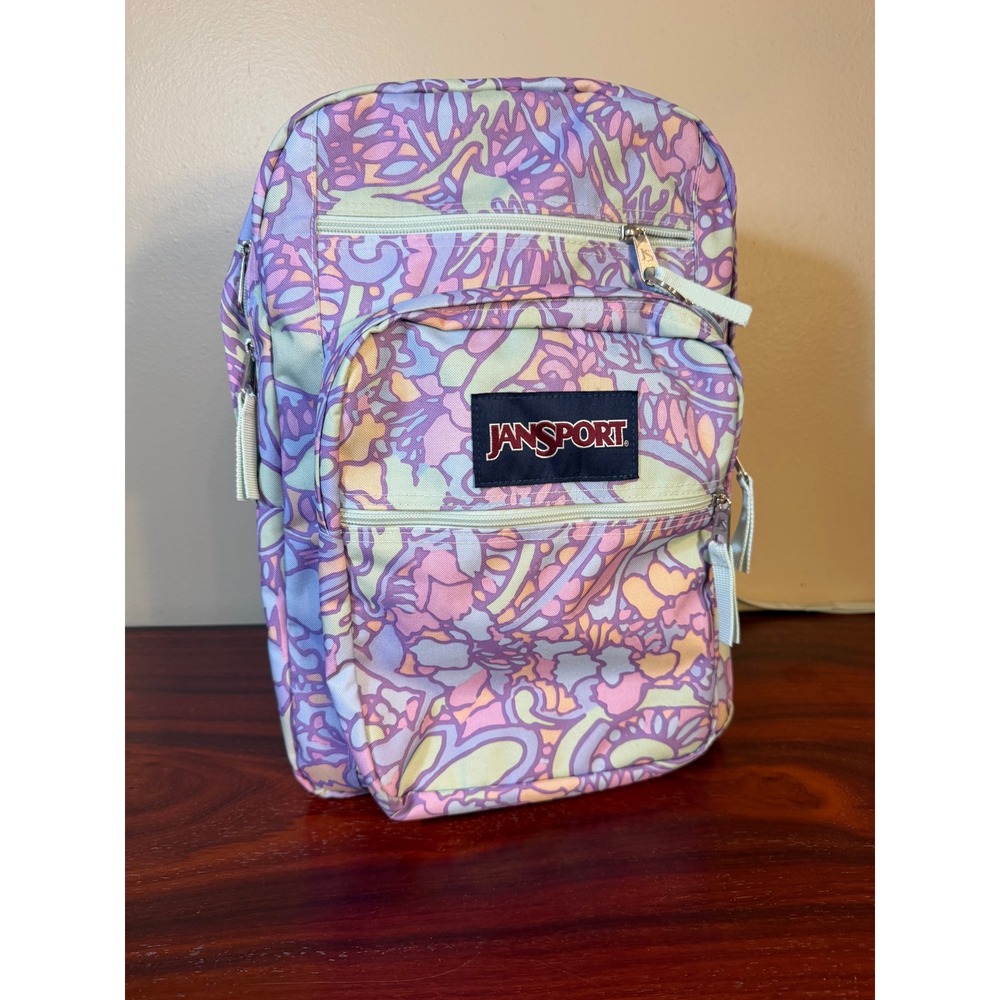 JanSport Big Student Backpack Pastel Abstract Floral Print Purple Pink Yellow